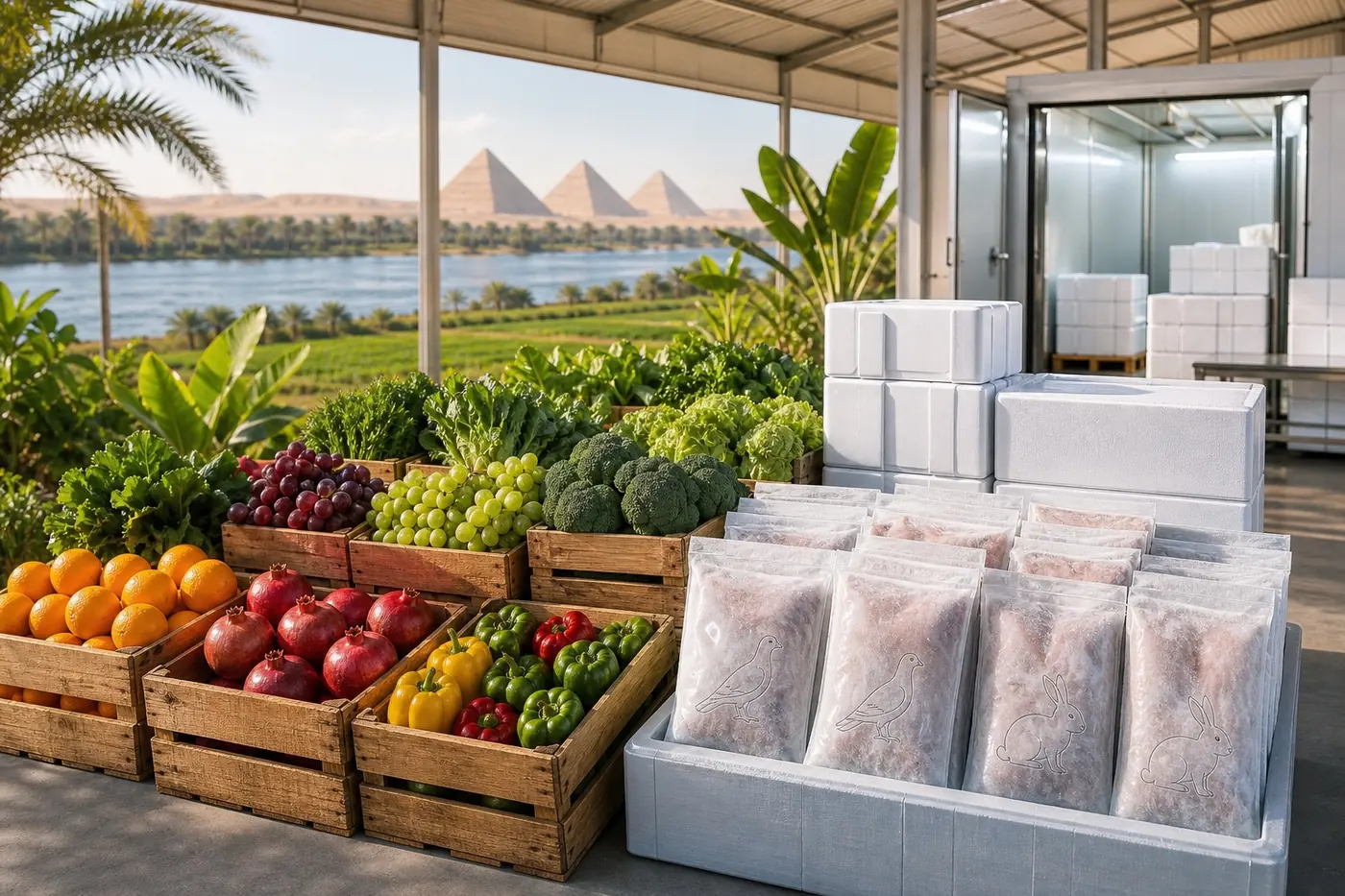 Egyptian fruit, vegetables and frozen products prepared for export beside the Nile