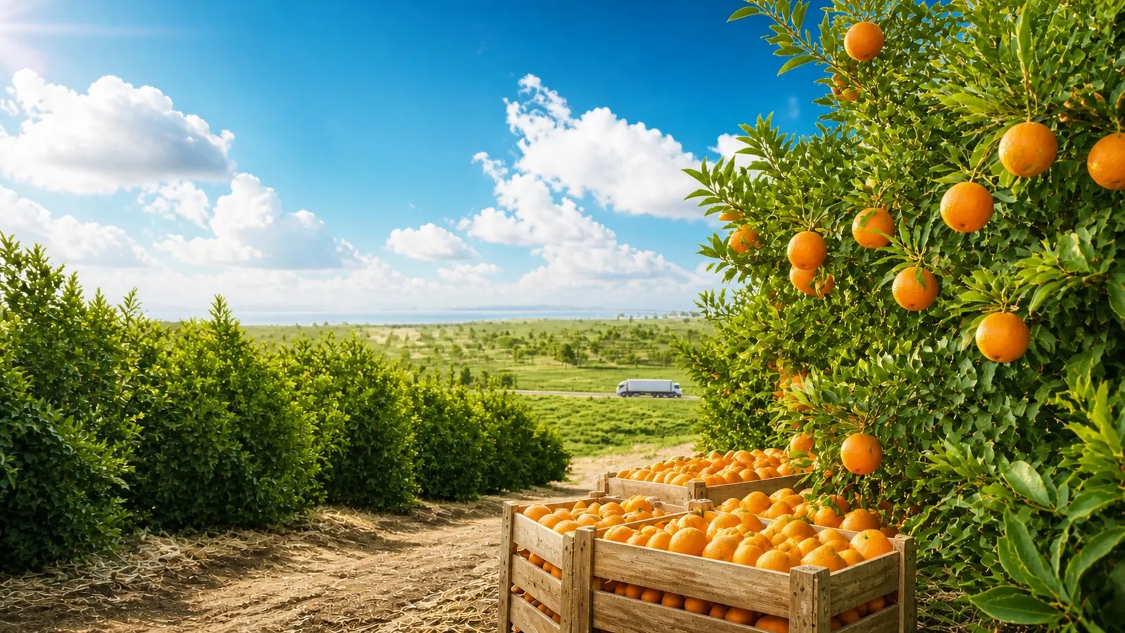Egyptian orange orchard at sunrise with export crates