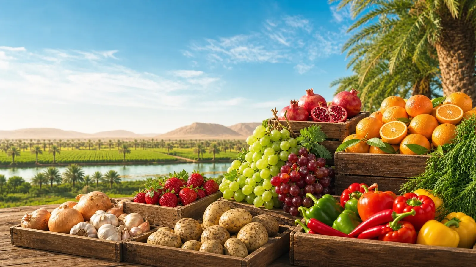 Premium Egyptian vegetables and fruits arranged in wooden crates