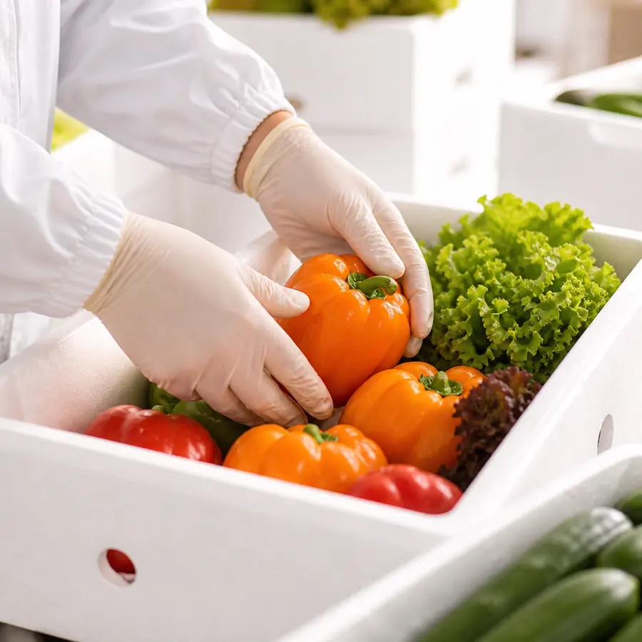 Fresh vegetables arranged in food-grade export packing