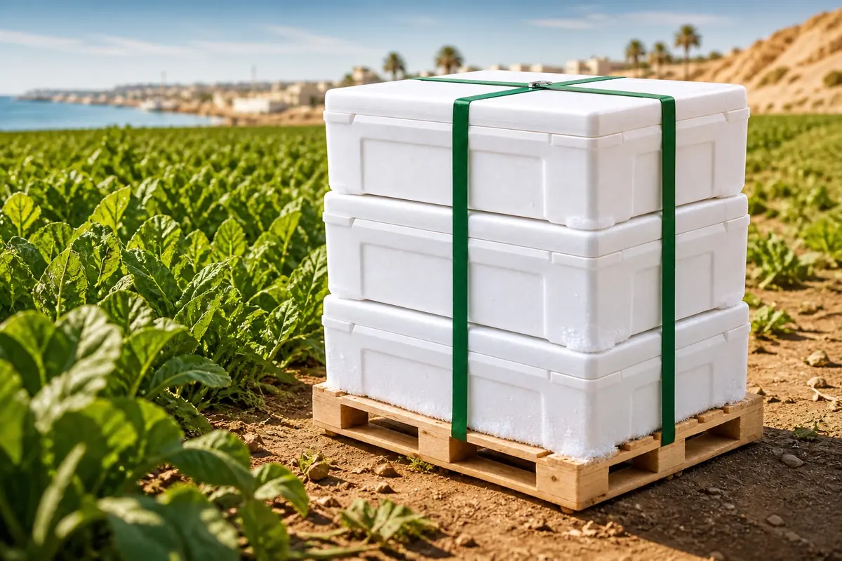 Export containers prepared beside an Egyptian agricultural field